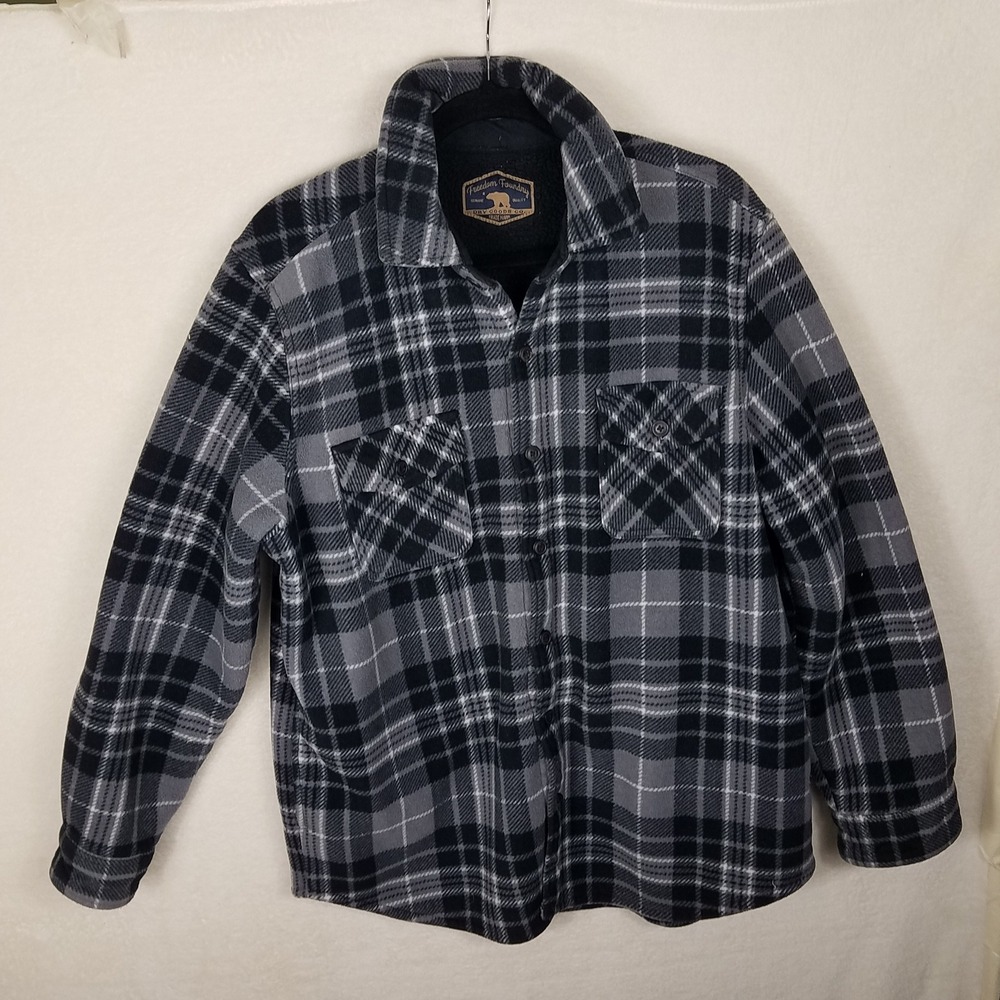 Freedom Foundry Plaid Shirt Jacket Mens XL Gray Black Excellent Sherpa Lined